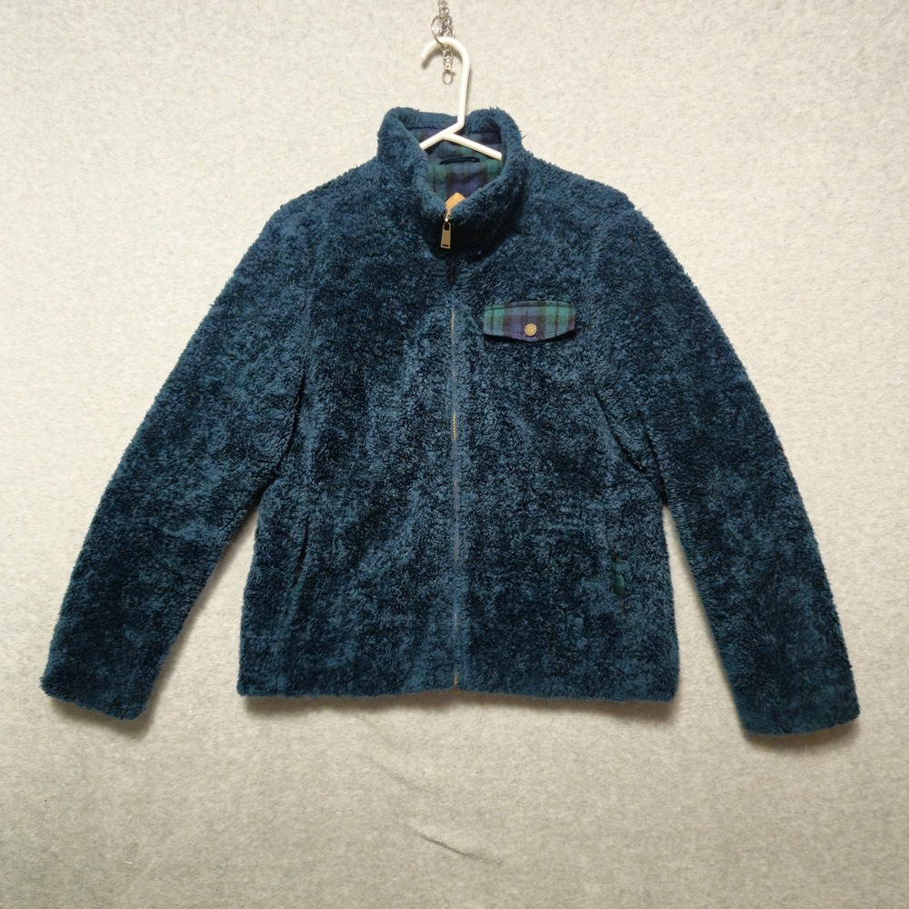 Pendleton Sherpa Fleece Plaid Trim Womens Medium Dark Green Full Zip Jacket Cozy